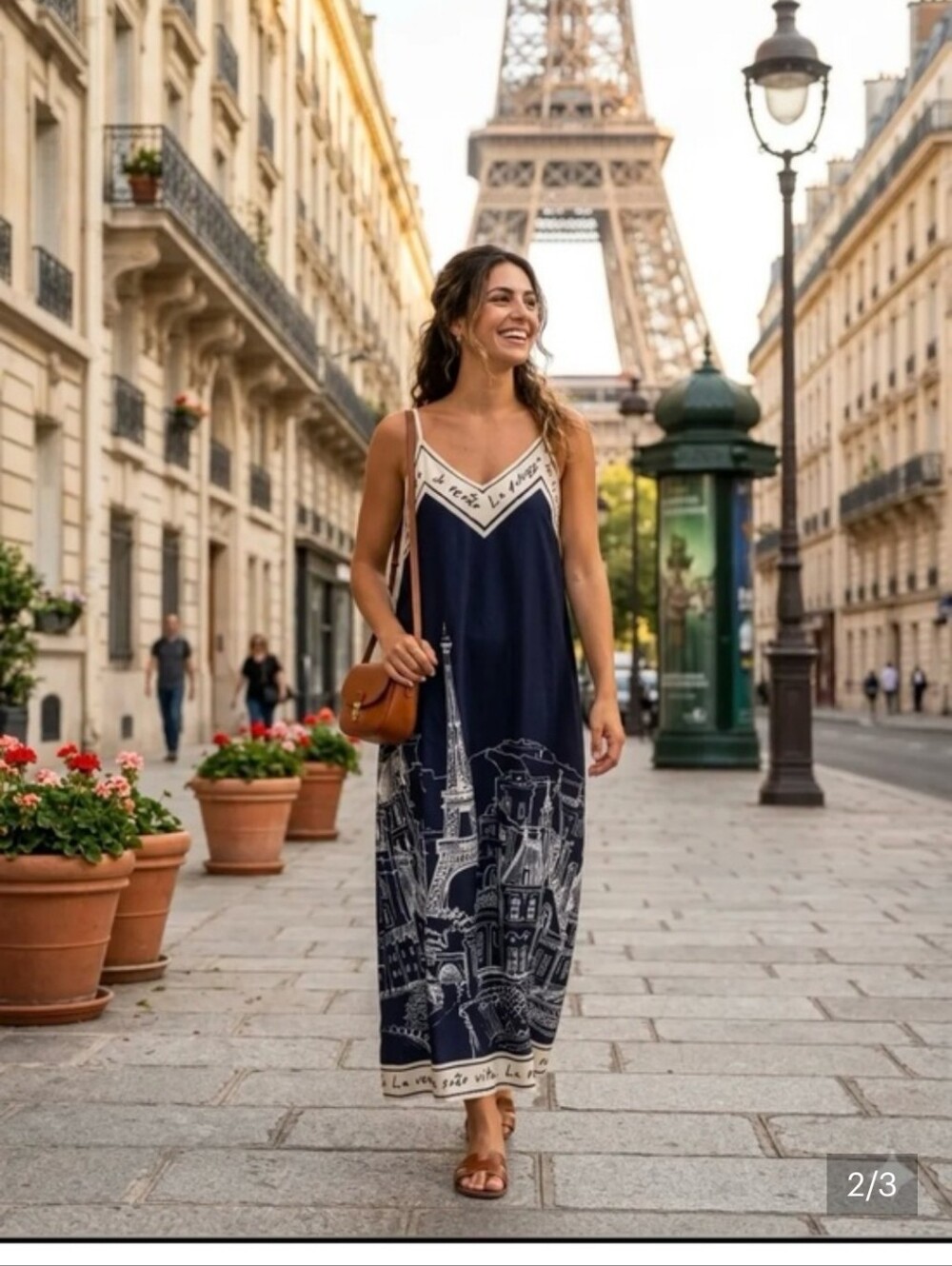 Made In Italy France Tour Effeil Navy Scenic Print Slip Maxi Dress Viscose Blend